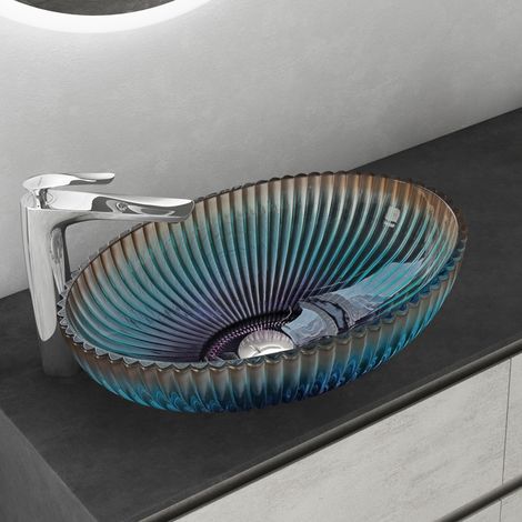 Mai & Mai Lavabo da Appoggio 50,5x35x14,5cm, Lavandino Bagno in Vetro Temperato Ovale Minerva04, Blu (1/5)