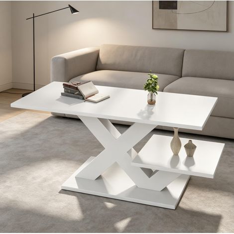 Tavolino da caffè 100x48x45 cm, piano doppio, struttura geometrica a X, MDF, bianco lucido (1/5)