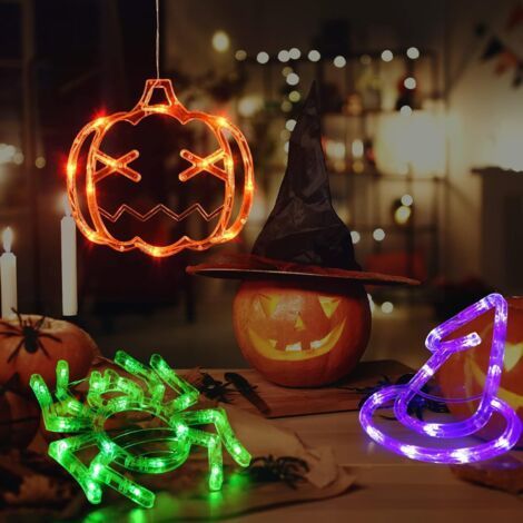 Décorations d'Halloween Paquet de 3 Lumières de Fenêtre d'Halloween avec Ventouse Lumières d'Halloween à Piles Orange Citrouille Araignée Verte Chapeau de Sorcière Violet (1/3)