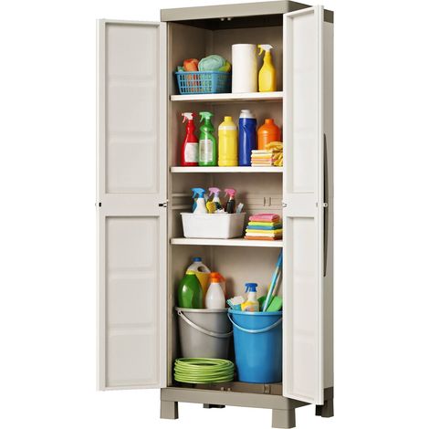 Dmora - Gartenschrank Strathmore, Gartenmöbel, Mehrzweck-Gartenschrank, Container für Balkon oder Garage, Made in Italy, 65x45 h182 cm, Sand