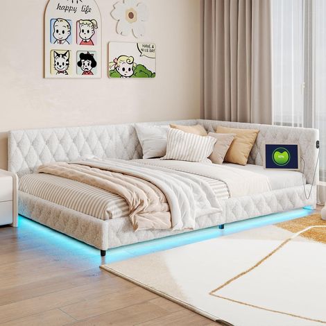 Schlafsofa Doppelbett 2-Sitzer mit LED-Beleuchtung, 140x200cm, Beige (1/5)