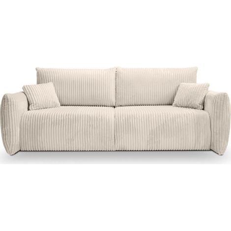 ELIO - Canapé droit convertible gros velours côtelé 3 places - Beige