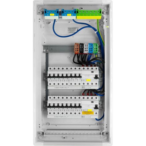 Tableau électrique modulaire encastré 3x12 équipé de 14 disjoncteurs MCB et 1 interrupteur différentiel RCCB VDE câblé coffret Hager 630.5x348x98 mm bornes de répartition L1 L2 L3 N PE Doktorvolt DV-6
