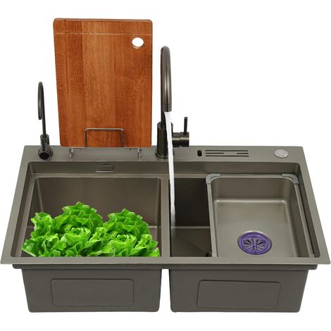 Doppel-Küchenspüle aus Edelstahl, 78 x 46 x 24 cm – Komplettset mit 2 Armaturen, Schneidebrett und Messerhalter – 2 Einbaubecken (Metallic-Grau) – Für Küchen, Restaurants und Bars (1/5)