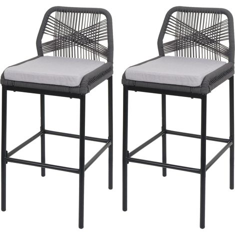 Conjunto de 2 taburetes de bar de estilo moderno para interior y exterior en metal antracita y trenzado de cuerda con cojines gris claro 040009638