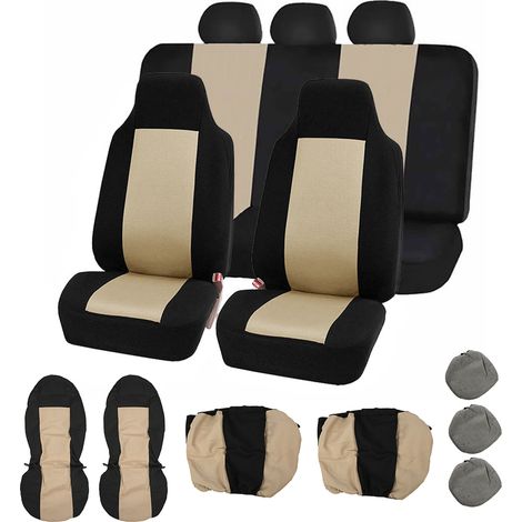 Ensemble de 7 housses de protection pour sièges auto à dossier haut, confortables et anti-poussière, universelles, beige et noir. Accessoire intérieur auto. (1/5)