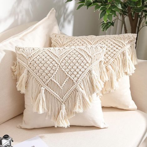 Lot de 2 housses de coussin carrées en macramé tissé style bohème, taies d’oreiller confortables avec pompons, 45 x 45 cm, lin et jute (1/5)