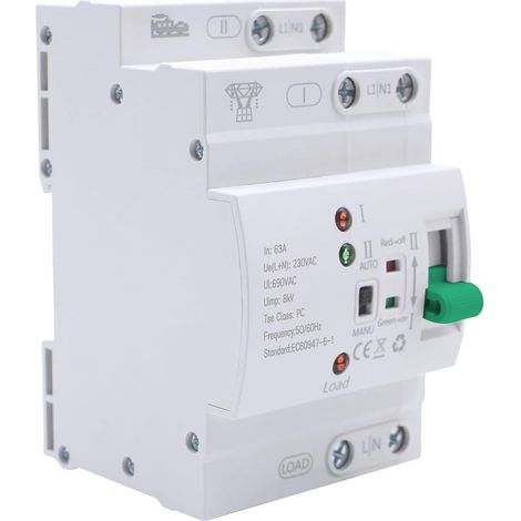 Commutateur de Transfert Automatique, ATS 2P 63A 400V pour Rail DIN Commutateur Bipolaire Double Alimentation, Commutateur de Charge Électrique pour Alimentation Triphasée