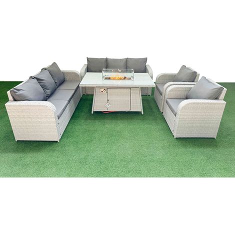 Fimous PE Rattan High Back Lounge Sofa Set Patio Firepit Dining Table & Chairs Set with 3 Seater Sofa Reclining Chair Light Grey (1/4)