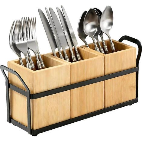 Porte-ustensiles de cuisine en bambou pour plan de travail, organisateur à 3 compartiments pour ustensiles de cuisine, couverts et spatules (1/5)