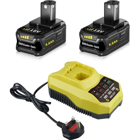 2er-Pack Ryobi 18 V P108 P102 5,5 Ah Ersatzakkus und P117 Ladegerät, kompatibel mit Ryobi 18 V Akku-Werkzeugen P103 P104 P105 P107 P109 P190 P191 P122 (1/5)