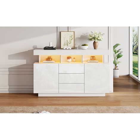 Buffet moderne 140 x 35 x 80 cm, buffet brillant, bar à café, buffet en acrylique avec bandeau LED 16 couleurs, adapté pour salle à manger, cuisine, entrée (blanc) (1/5)