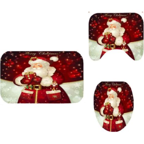 Ensemble rideau de douche et tapis de sol avec motif Père Noël et bonhomme de neige imprimé numérique, imperméable, en polyester. Ensemble de quatre pièces. (1/5)