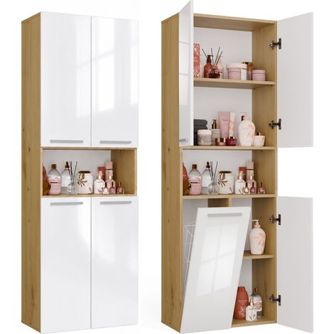 NEL 1k dk - mobile bagno - 5 mensole, cesto portabiancheria - 60x174x30 cm - rovere artisan bianco lucido (1/5)