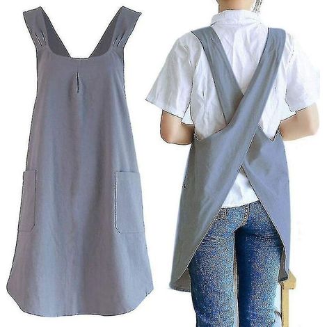 Tablier de jardinage croisé dans le dos, style japonais, en lin, pour femme, avec de jolies poches pour cuisiner, peindre, jardiner, faire le ménage, gris - gris foncé. (1/5)