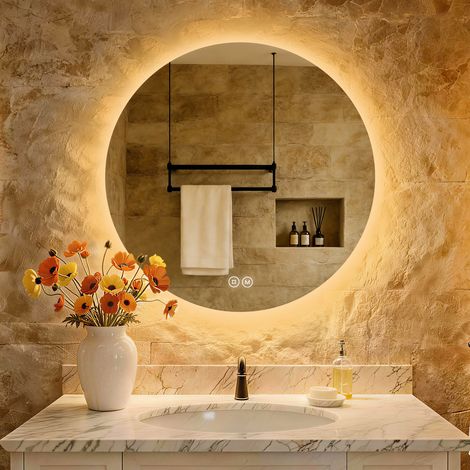 S'Afielina – Miroir lumineux de salle de bain rond 70cm – Interrupteur tactile – 3 couleurs de lumière 3000K/4000K/6500K – IP44 étanche