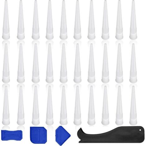 Embout Cartouche Silicone, 30 Pièces Buses D'étanchéité, Blanc Douille Cartouche Silicone, avec 4 Grattoirs, Remplaçables Buse de Pistolet à Calfeutrer, pour Maison, Construction, L'industrie (1/4)