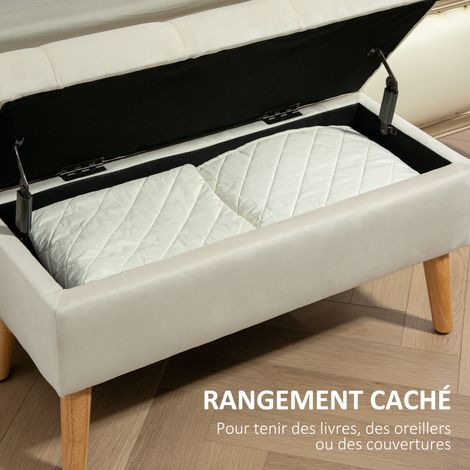 Banc rangement velours pieds bois 120 kg 80x35x42 cm crème