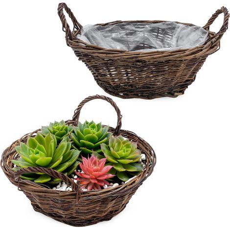 Pflanzschale aus Rattan Naturfaser 2er Set - 30 cm - Blumentopf mit Folie ausgekleidet zum direkten Bepflanzen