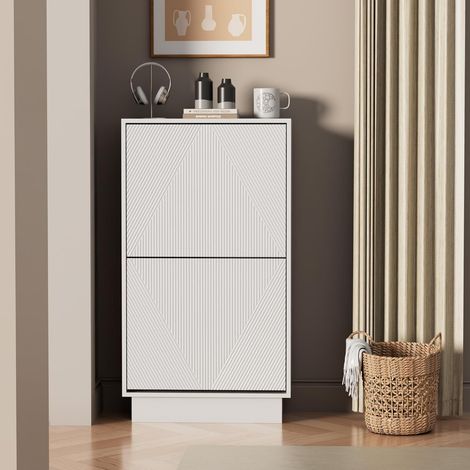UEV Scarpiera da Ingresso con 2 Ante in Deisgn Intaglio, Mobile Scarpiera Combia Bellezza e Funzionalità con Ripiani Rimovibile e Regolabile, Scarpiere Salvaspazio Slim Stabili, 50 x 24 x 91cm, Bianco