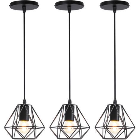 royaluxe- 3PCS Plafonnier Rétro Suspension Luminaire D'Intérieur Vintage Noire Suspension Lustre Cage En Fer Métallique , Pour Cuisine, Bureau