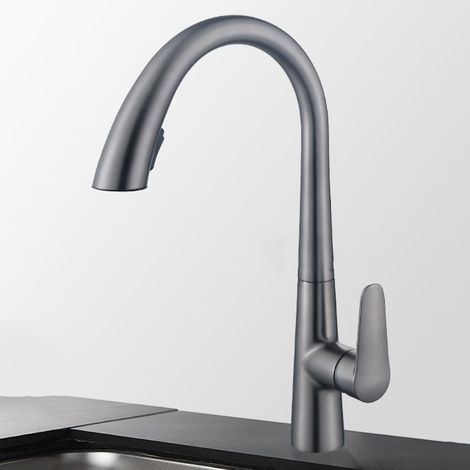 Grifo de cocina con rociador extraíble, rotación de 360°, monomando, doble caño, agua fría y caliente, color gris antracita. (1/5)