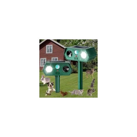 Lot de 2 répulsifs ultrasoniques pour animaux, dispositifs de dissuasion extérieurs à énergie solaire et à détection de mouvement avec lumières LED clignotantes, adaptés aux jardins et aux pelouses. (1/5)