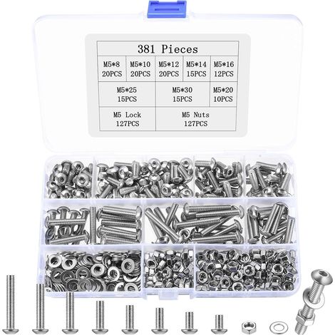 381 Pcs Vis M5, Vis à Tête Cylindrique à Six Pans Creux, Vis à Tete Bombée en acier inox et écrous, boulons à tête hexagonale et écrous, boulon avec écrou avec rondelles (1/5)