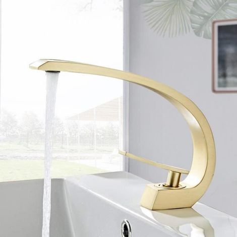 Bassin D'or Brossé Mitigeur Mitigeur Robinet Cascade Salle De Bains Lavabo Robinet Lavabo Mitigeur Grue Pour Salle De Bains (1/4)