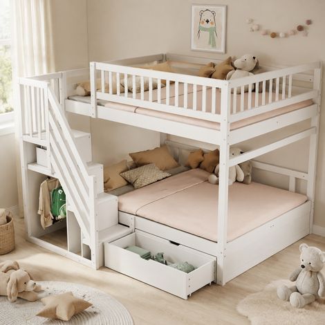 Cama litera 140x200 cm con escalera con almacenaje, cajones, madera blanca (1/5)