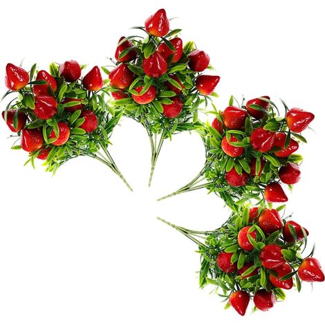 Bouquet de 4 Fraises Artificielles en PVC Réalistes, Décoration Réutilisable pour Fêtes la Maison et Paniers Floraux (1/5)