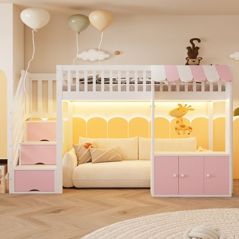 Kinder-Hochbett 90x200 cm aus Holz in Rosa/Weiß mit Stauraum, platzsparend – MEUBLIV (1/5)