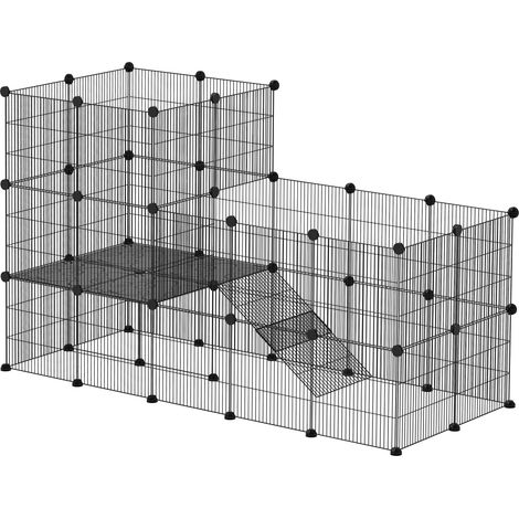 Enclos pour lapins nains, clapier à 39 panneaux pour petits animaux de compagnie, avec rampe, pour petits animaux, intérieur, noir (1/5)