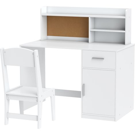 Bureau enfant avec chaise, table enfant et chaise, tiroir, placard, compartiments ouverts, tableau en liège, blanc (1/5)