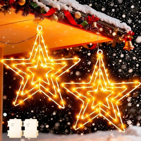 Étoile Lumineuse 2 Pièces Grand Métal Etoile de Noël a Suspendre, Decoration Noël Exterieur a Pile avec Minuterie, Étoile de Sapin de Noel Étanche Fenetre Lumineux pour Intérieur (1/5)