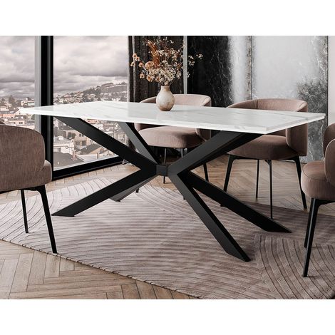 Casey - table à manger - plateau effet marbre - pieds en métal - 4 à 8 personnes - blanc / noir