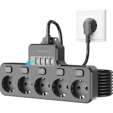Multiprise Commutable Individuellement 5 Prises et 4Ports USB avec Câble de 2m - Noir (1/5)