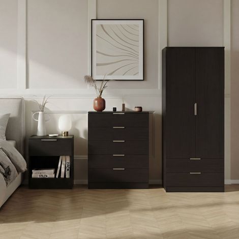 Trega 3pc Bedroom Furniture Set – 1 Drawer Bedside, 5 Drawer Chest & 2 Door Wardrobe, Black