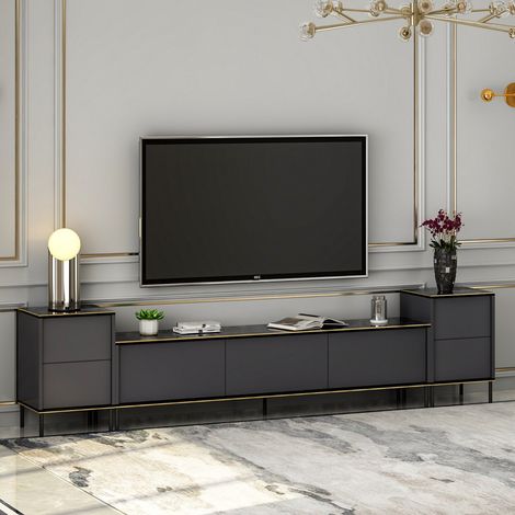 Mueble TV Cortin, 2 Estantes, 7 Compartimentos, 5 Puertas, 260x35x45h cm Negro Antracita (1/5)