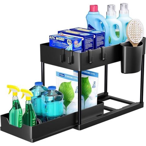 Mensola sottolavello a doppio ripiano 40x17,2x33,5 cm – Cassetti scorrevoli per cucina e bagno – Nera (1/5)