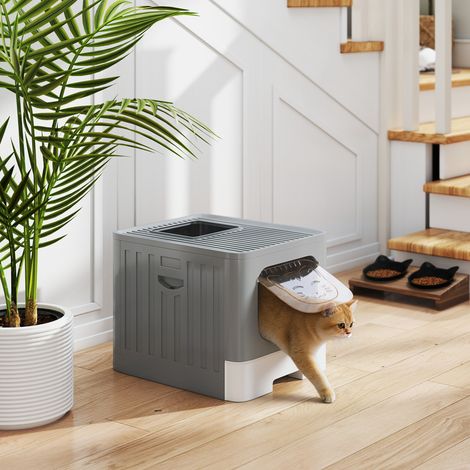 Faltbare Katzentoilette M mit Netzdeckel, herausnehmbarer Schale, Schaufel, seitlichem Haken, leicht zu reinigen, auslaufsicher, grau