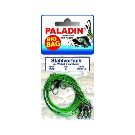 Paladin BigBag Stahlvorfach Wirbel Gr. 6 + Karabiner 15 kg / 50cm Angelhaken