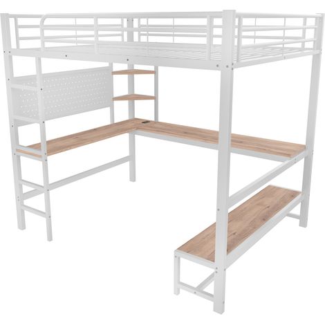 Lit mezzanine, 140 x 200 cm, cadre en fer, bureau, barrière de sécurité, échelle, plusieurs étagères, avec prise USB + Type-C, avec bande LED, avec panneau perforé, sans matelas, blanc