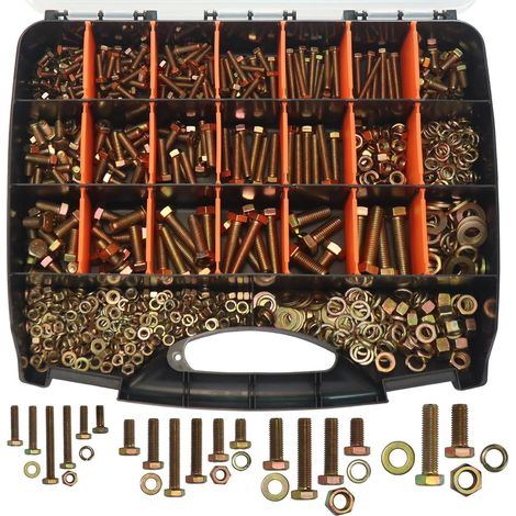 Coffret de visserie 918 pièces - Assortiment de boulons hexagonaux, vis, écrous, rondelles plates et rondelles élastiques - Acier carbone avec zinguage coloré, filetage total