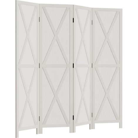 Paravent intérieur 4 panneaux séparateur pièce bois Paulownia blanc croisillons style campagnard
