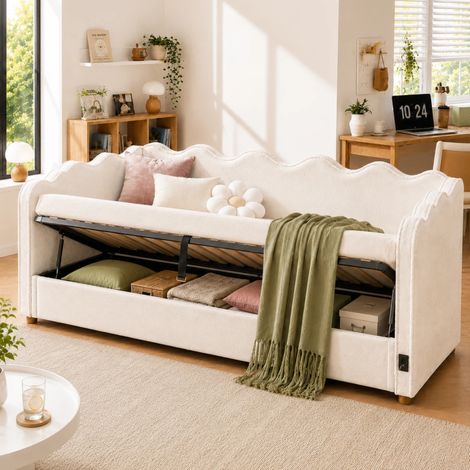 Lit banquette coffre 90 x 200 cm, canapé-lit avec rangement hydraulique, USB/Type-C et dossier arrondi, revêtement velours, Beige (1/5)