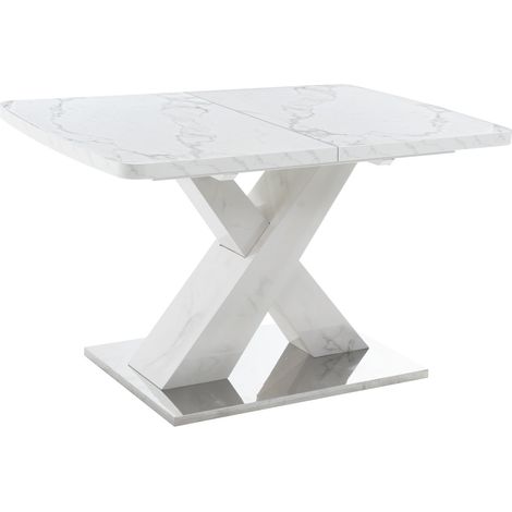 Mesa de comedor rectangular extensible 120-160 cm blanca efecto mármol MDF y acero (1/5)