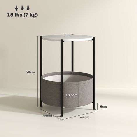 Runder Beistelltisch mit Stoffkorb, 2-stufiger Kaffeetisch für Wohnzimmer, Schlafzimmer, kleine Räume, Metall, Grau+Weiß (1/5)