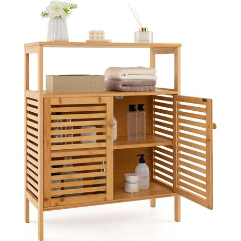 Bamboo Side Storage Organizer Bathroom Floor Cabinet w/ Double Doors (1/5)
