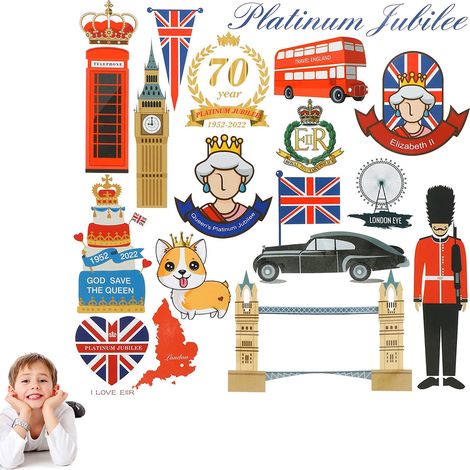 Autocollants commémoratifs du Jubilé de platine 2022, en PVC imperméable, représentant les icônes de Londres. Décoration idéale pour une fête de rue ou une célébration patriotique au Royaume-Uni. (1/5)